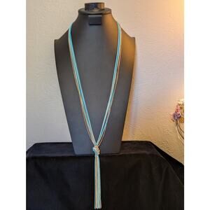 Multi-Blue & Gold Chain Knotted Tassel Long Necklace